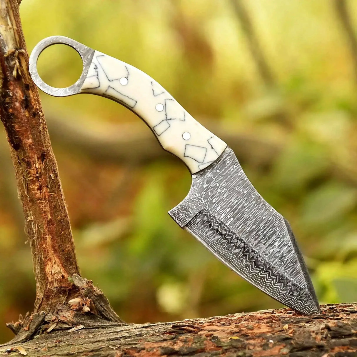 2 Piece Damascus Steel Ring Handle Knife Set with Bone Pattern & Green Resin Handles with Leather Sheath