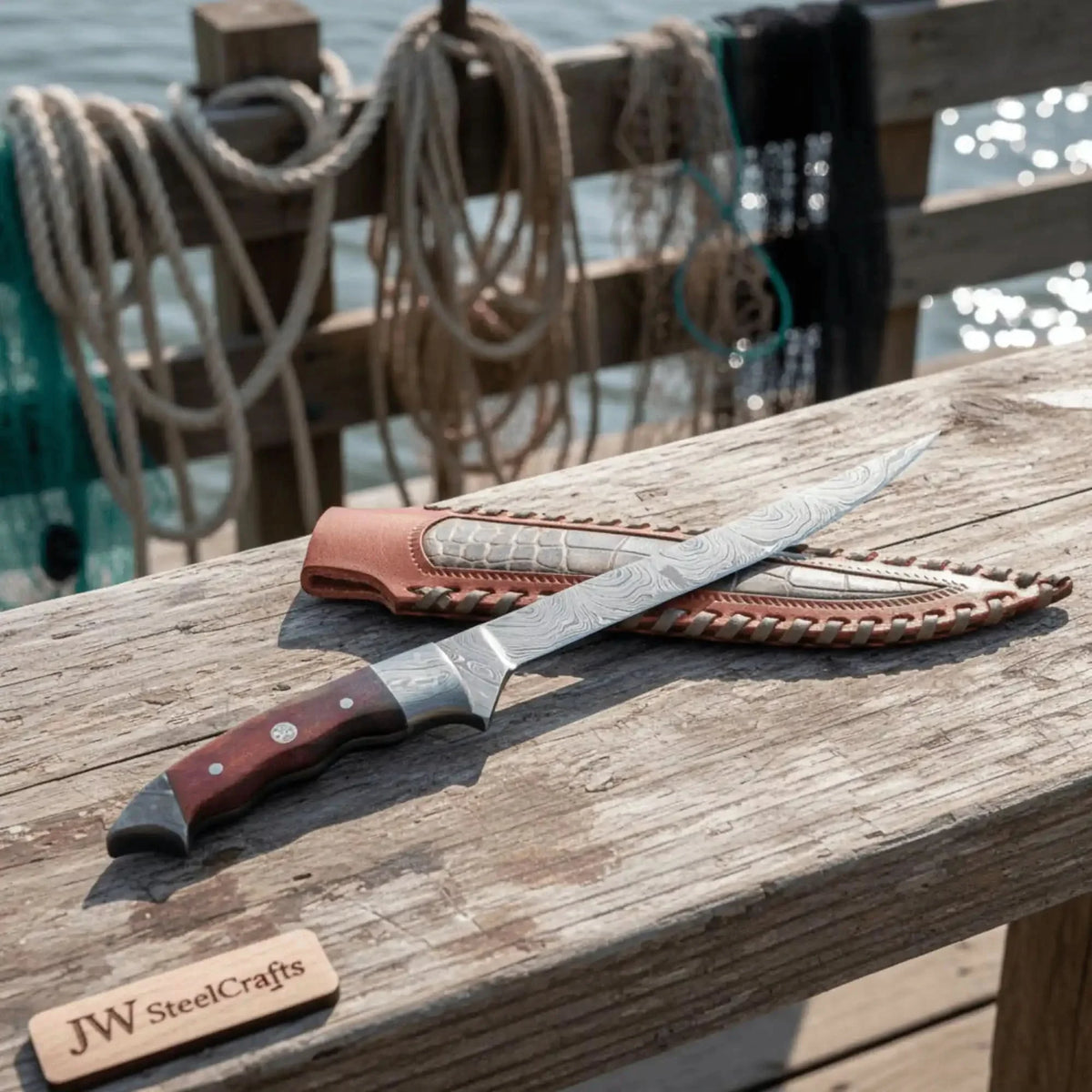 Handmade 13 Inch Overall Damascus Steel Fillet Knife – Full Tang Fishing Knife with Hardwood Handle and Leather Sheath.