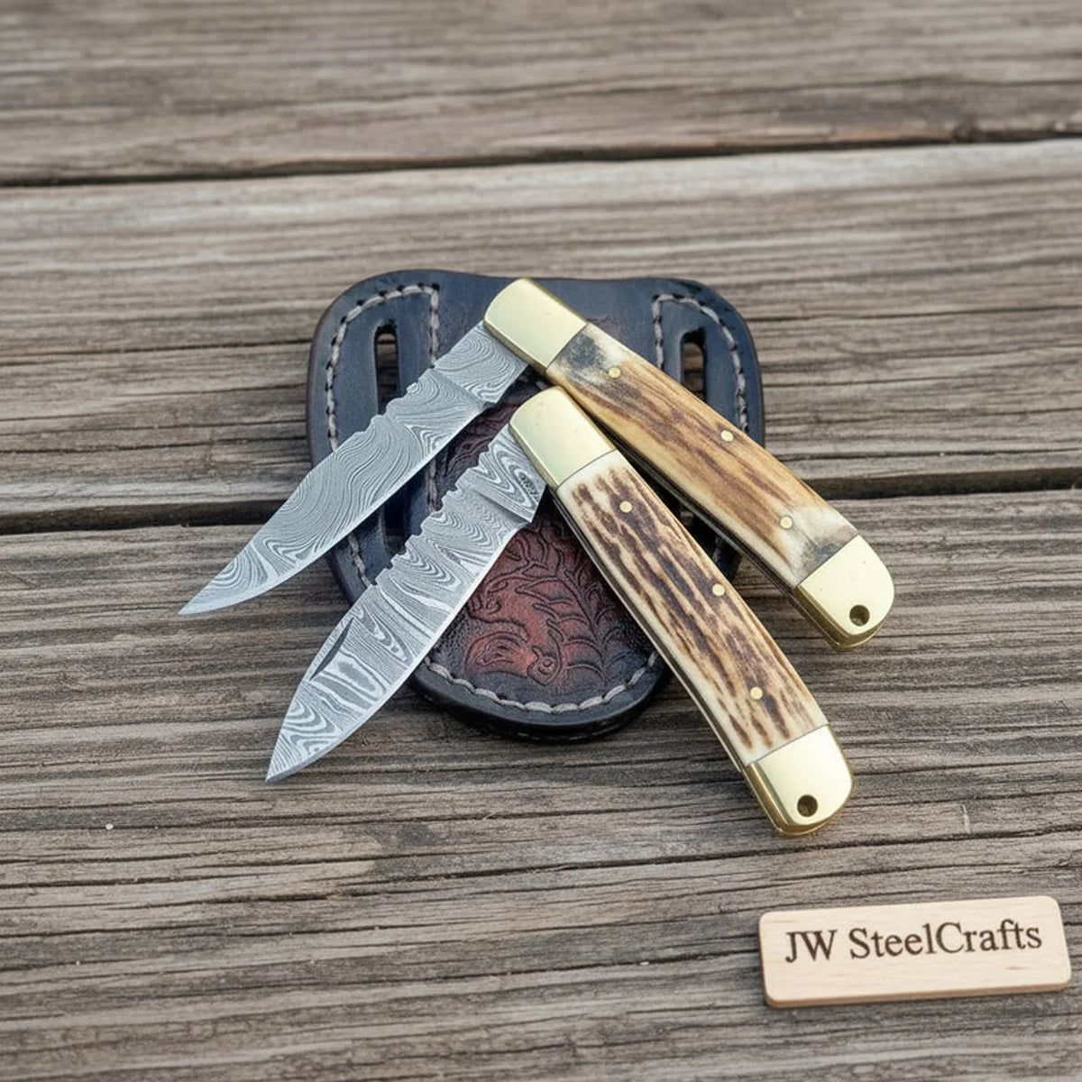 Handmade Damascus Steel Trapper Folding Knife 7" Two Blade Stag Handle Brass Bolster EDC