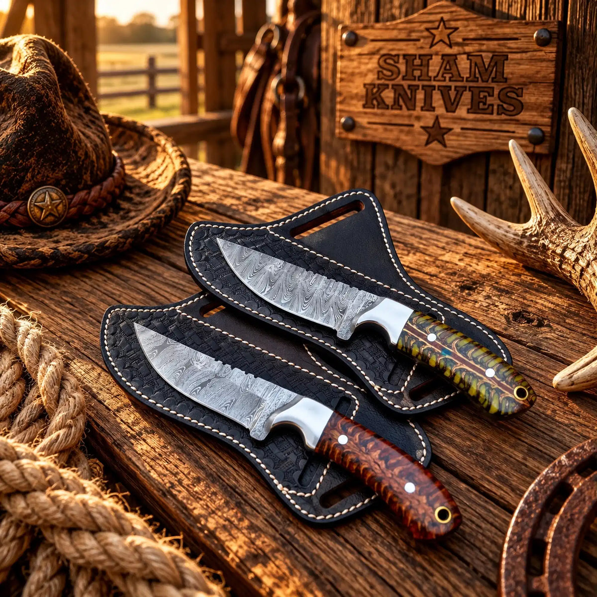 Pine Cone Ridge Cowboy Skinner Duo – 4” Damascus Steel Blades