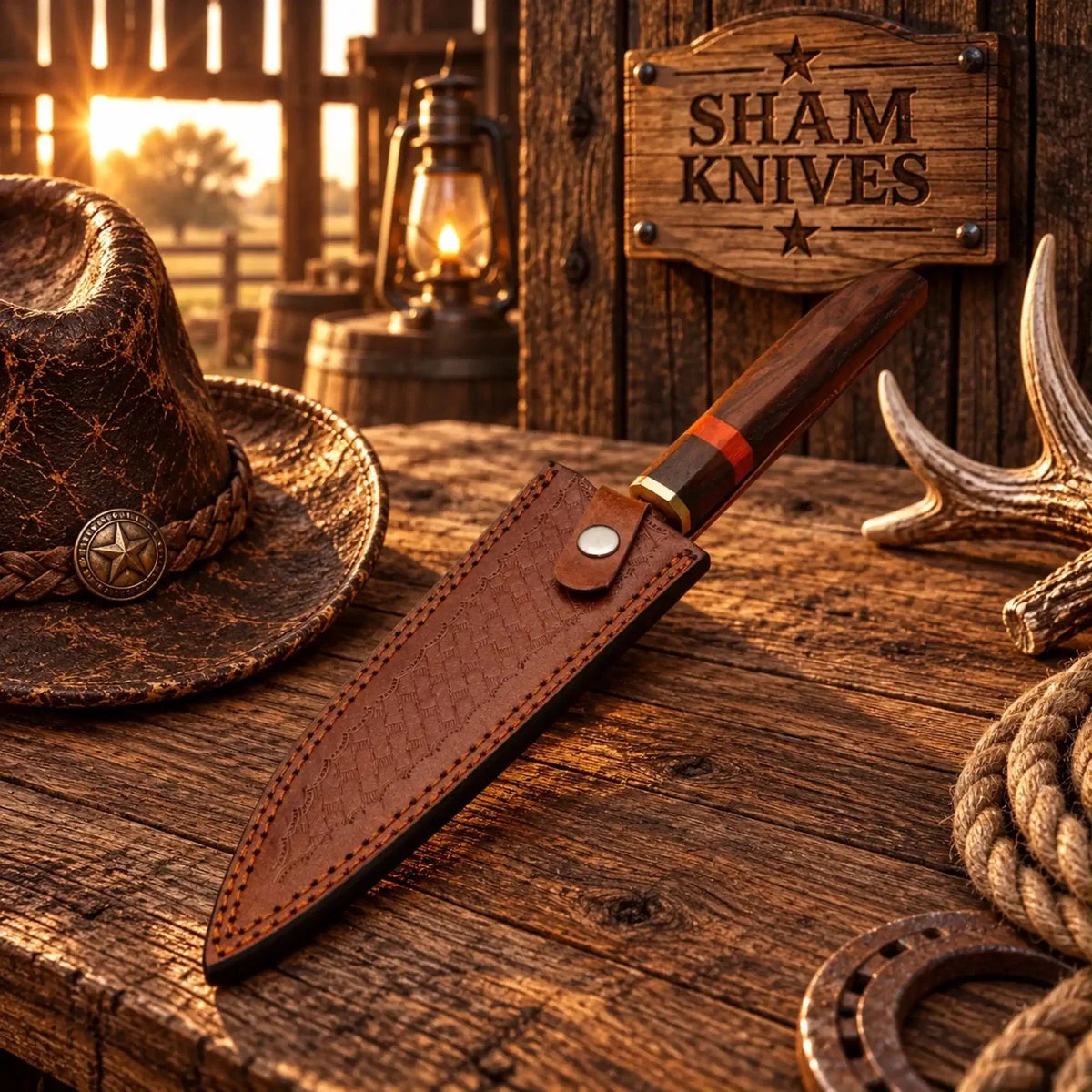Premium Hand Forged Ladder Style Copper Damascus Chef Knife for Sale – Rosewood Handle