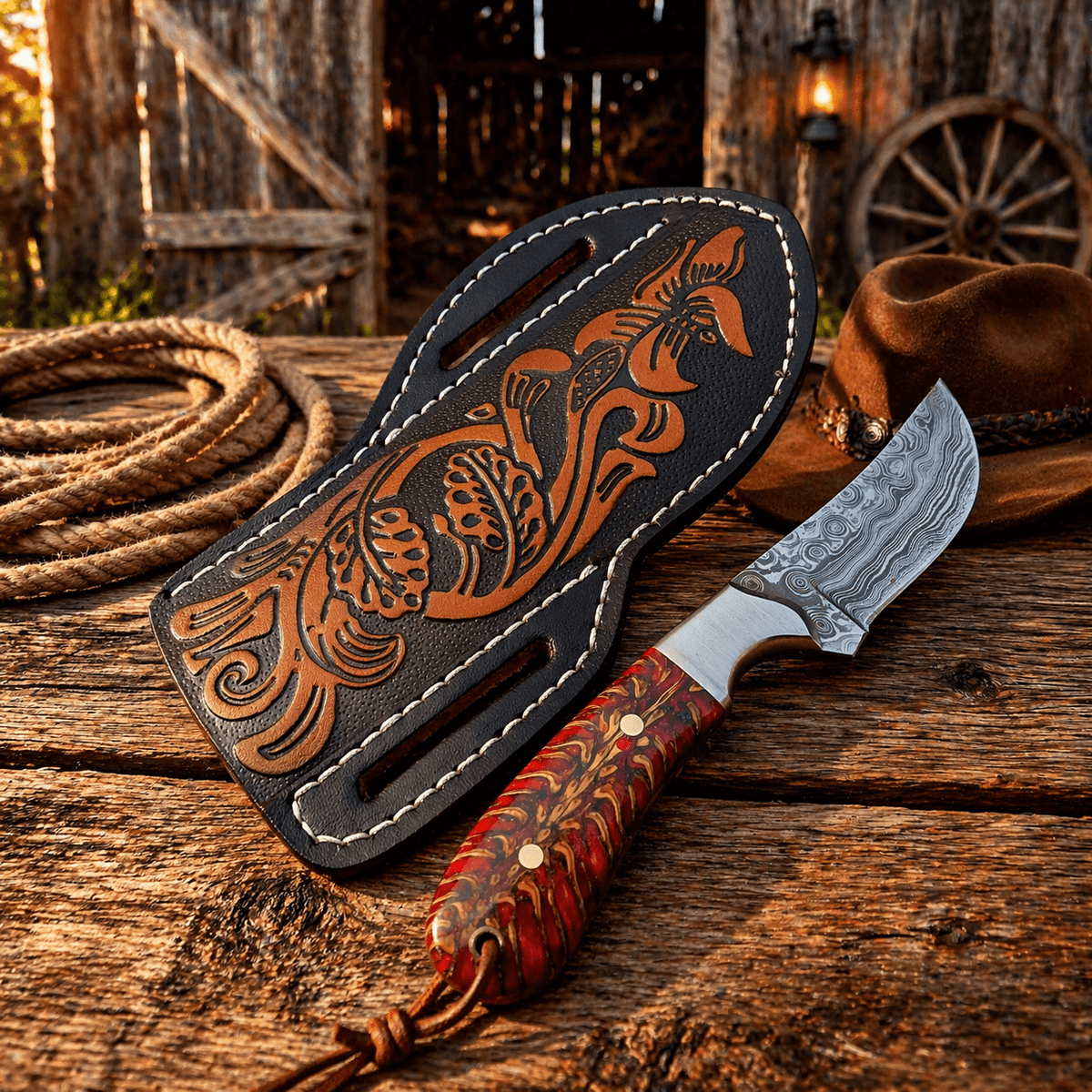 Rancher Belt Knife – 3.75" Damascus Steel Pinecone Handle