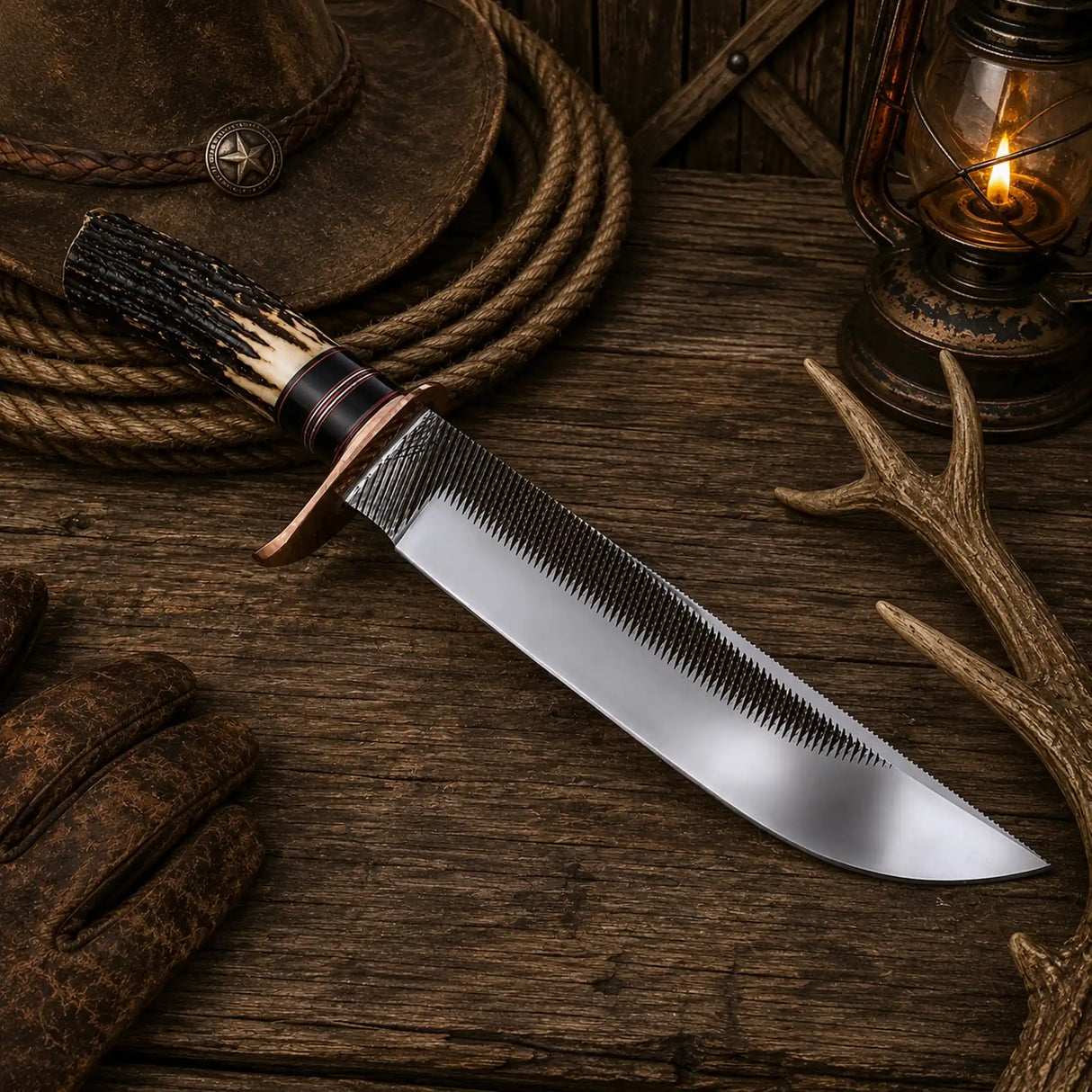 16″ Iron Ridge Bowie Knife – Rasp Steel & Antler Horn Handle