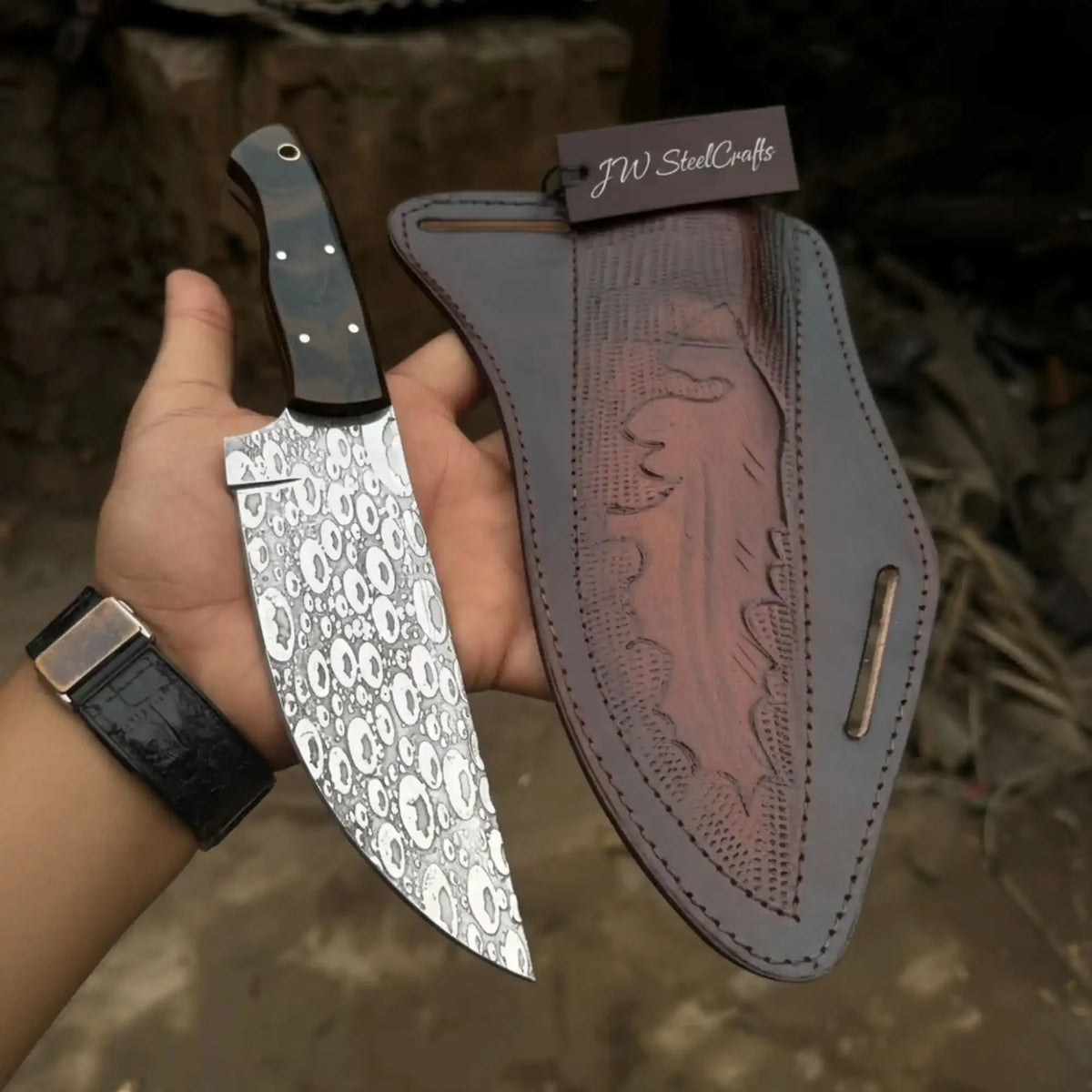 Serbian Utility Knife 9” Acid Etched Blade with Cross Sheath