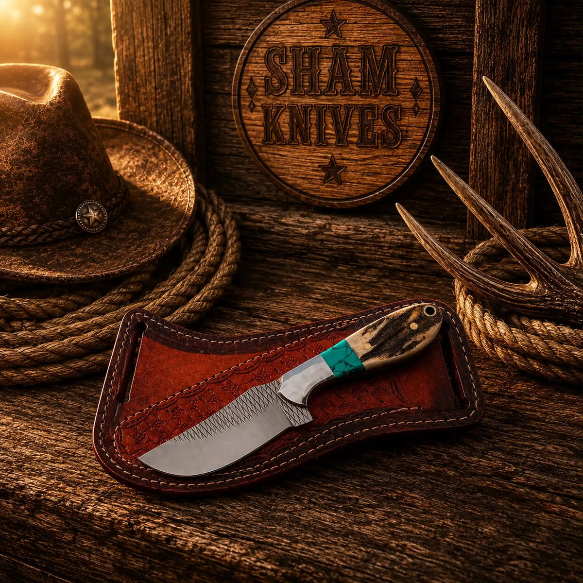 Stag Handle Western Ranch Knife – Rasp Steel & Cross-Draw Sheath