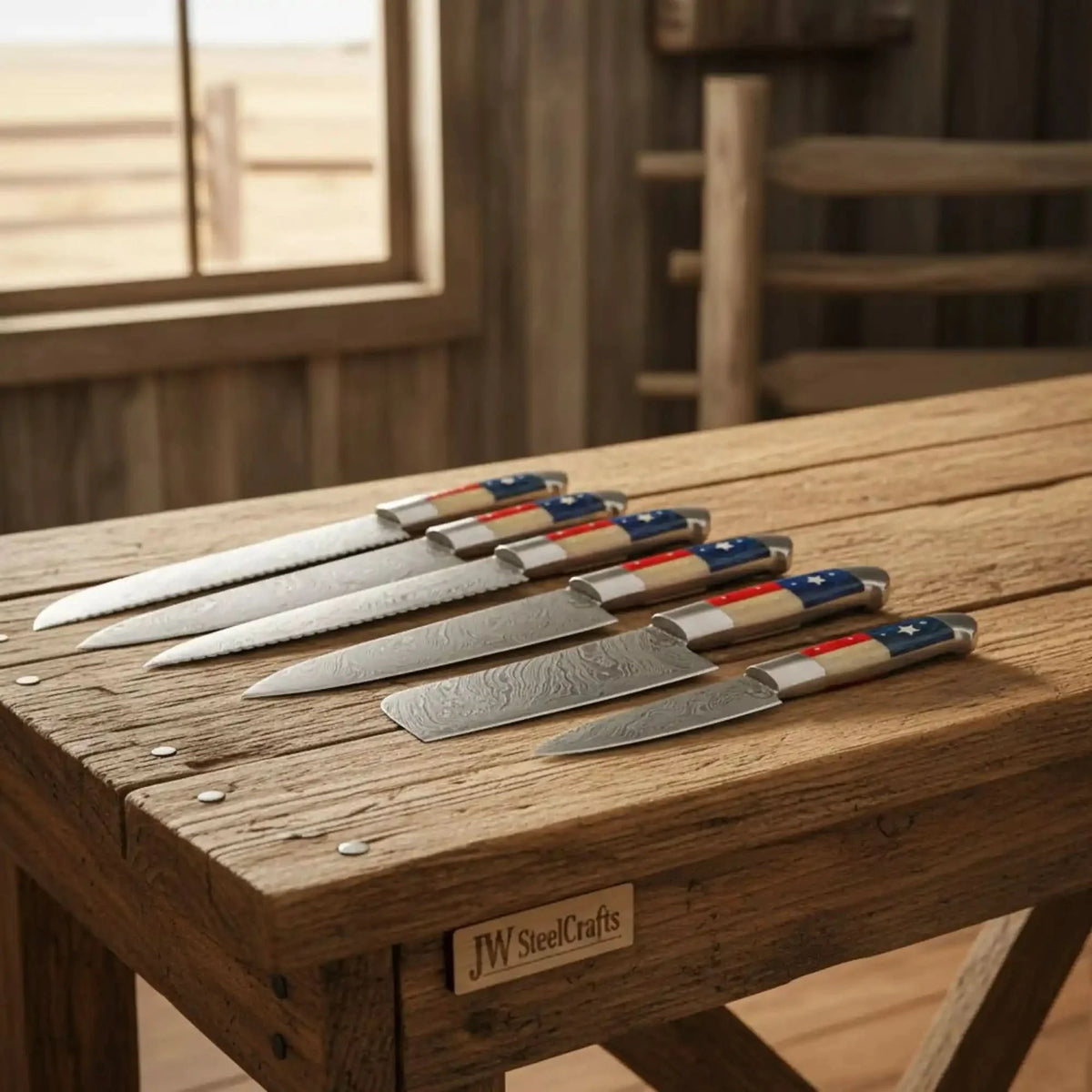 6-Piece Texas Flag Damascus Steak & Utility Knife Set — Pakka Wood & Bone Handles
