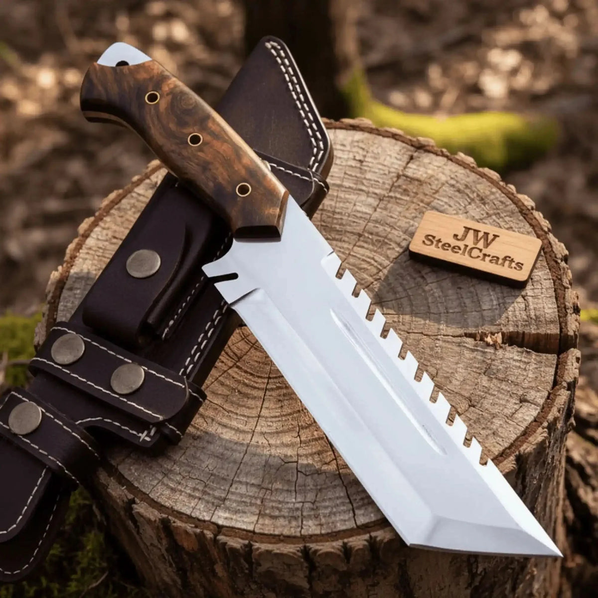 Trailmark Tracker Knife 12.5" Stainless Steel Blade & Burl Wood Handle | JW SteelCrafts