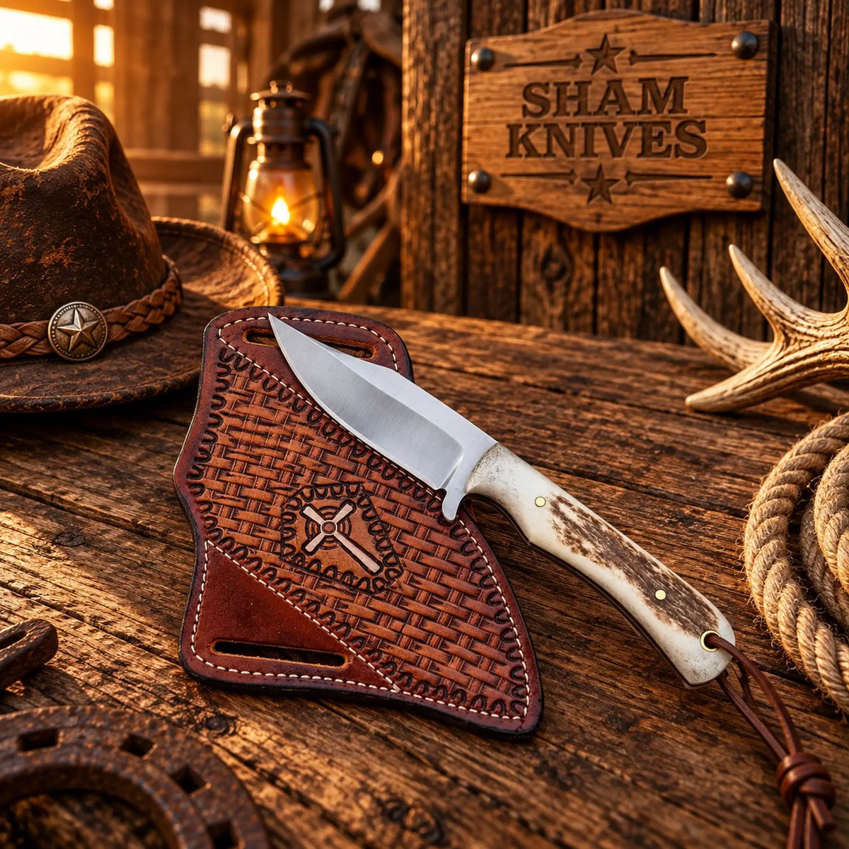 The Stampede 4″ D2 Cowboy Skinning Knife – Antler & Pancake Sheath