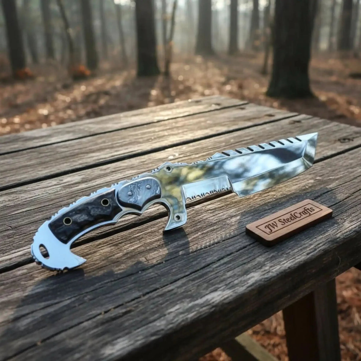 Tracker Knife Custom Handmade J2 Steel Handle Sheep Horn & Damascus Bolster 13