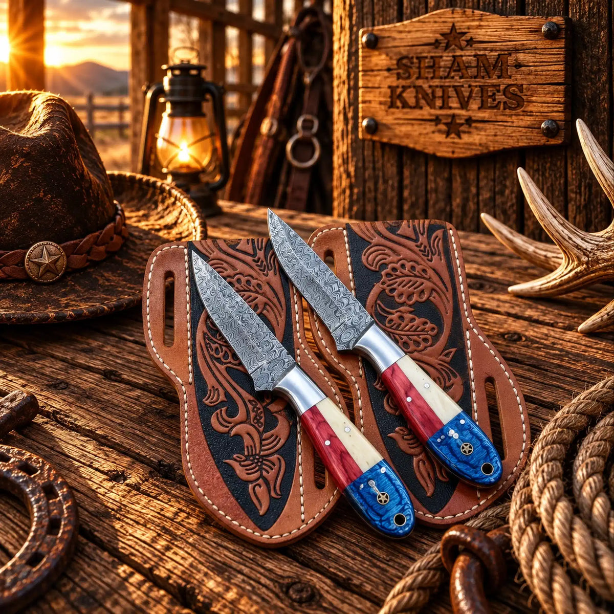 Custom Damascus Cowboy Skinner Knife Set – USA Flag Handles & Sheaths