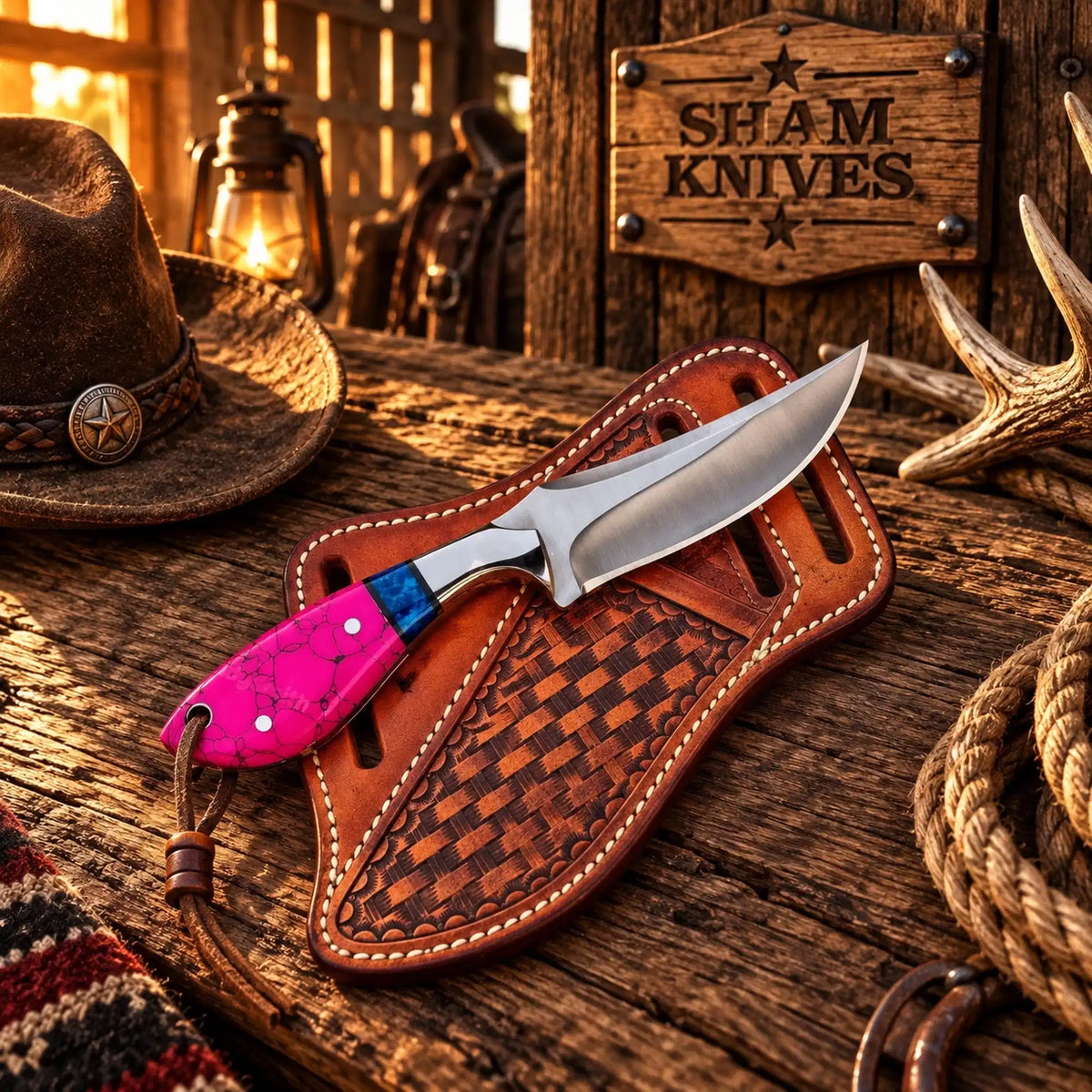 Western style cowboy skinning knife Pink Stone Handle & cross Draw belt Leather Sheath