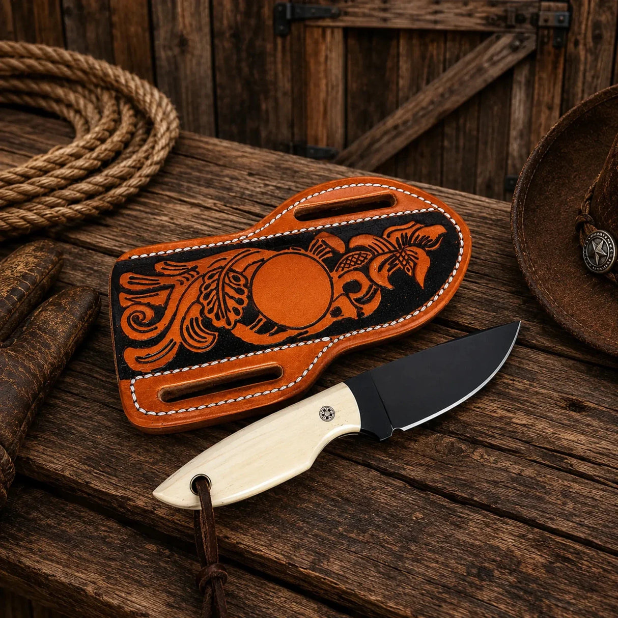 Western Sheath Knife – Black Powder Coated D2 Steel Blade & Bone Handle