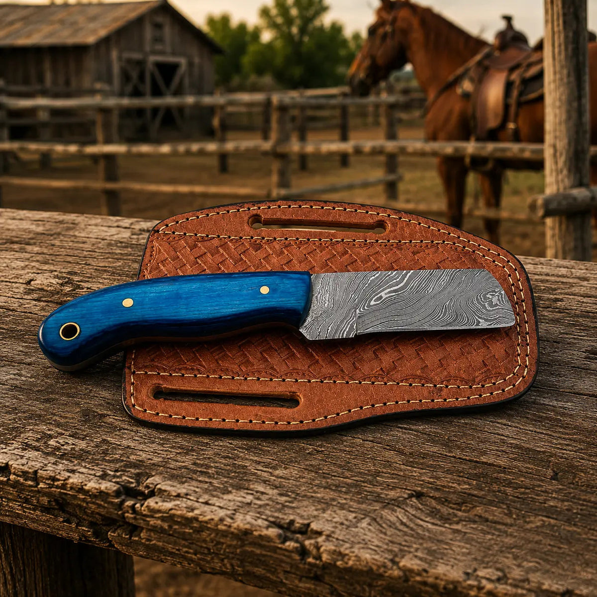 Westmere Damascus Cowboy Bull Cutter Knife – Pakkawood Handle & Leather Sheath