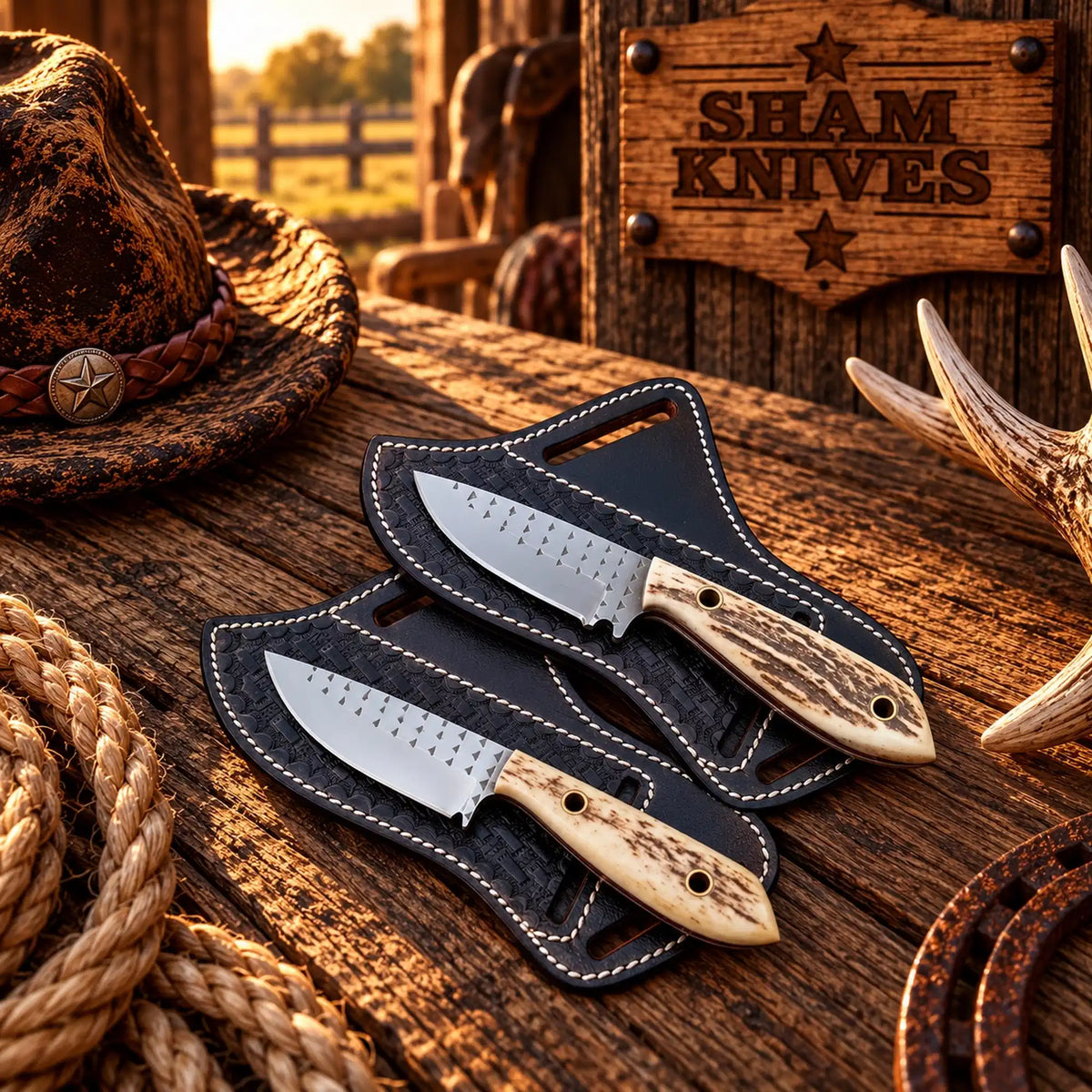 Wild Bill Cowboy Belt Knife Set – Rasp Steel & Stag Horn Handles