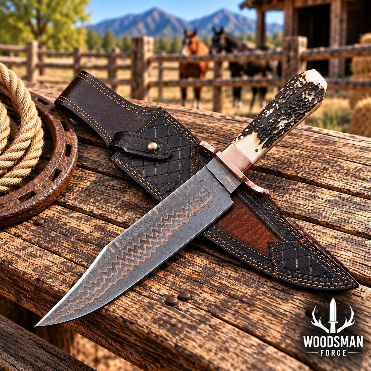 Copperwarden Copper Damascus Bowie Knife – Stag Antler Handle