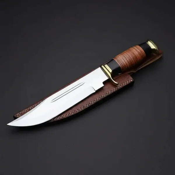 D2 Steel American Classic Bowie Knife – Stacked Leather Handle & Leather Sheath