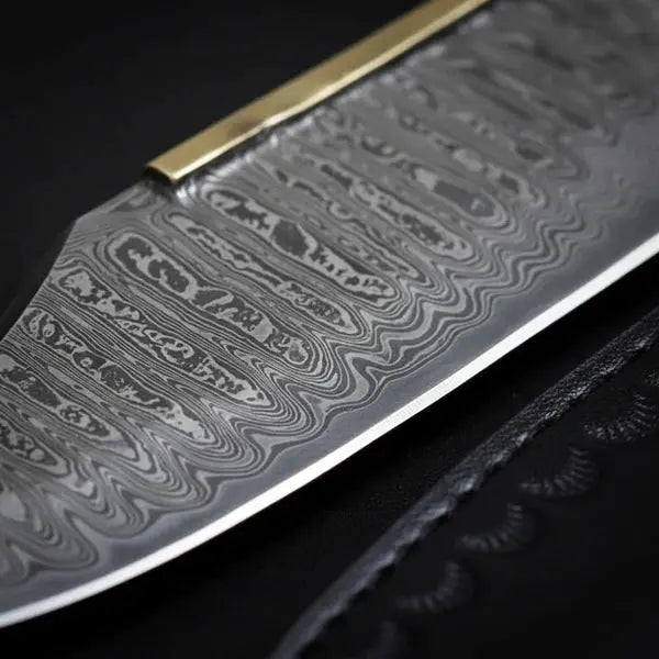 Handmade Damascus Bowie Knife – Rosewood Handle, Brass Guard & Leather Sheath