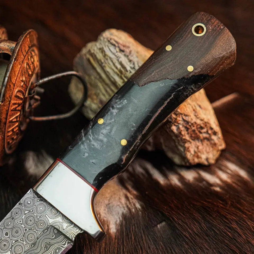 8.8" Handmade Damascus Bushcraft Knife – Full Tang Wood Handle & Sheath
