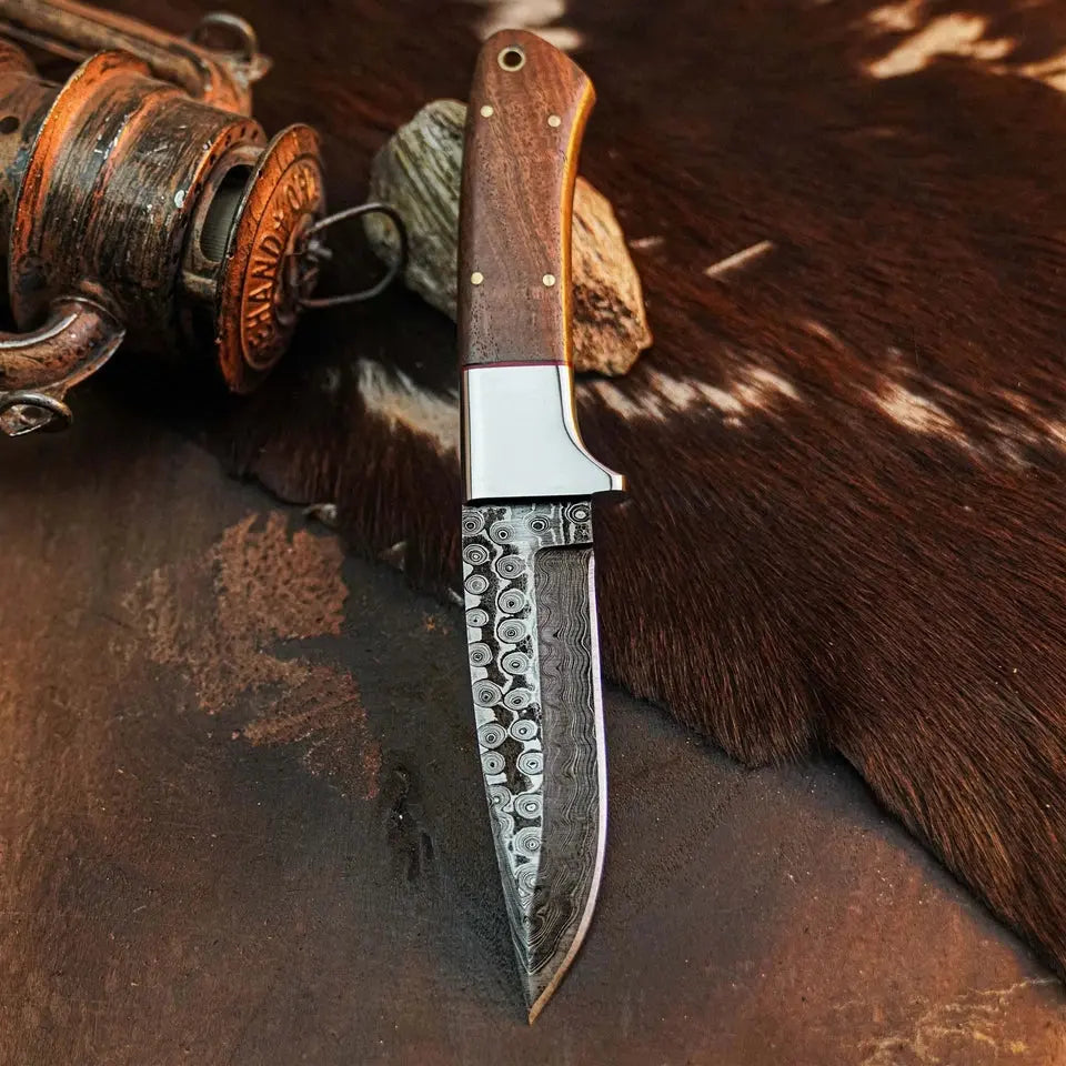 8.8" Handmade Damascus Bushcraft Knife – Full Tang Wood Handle & Sheath