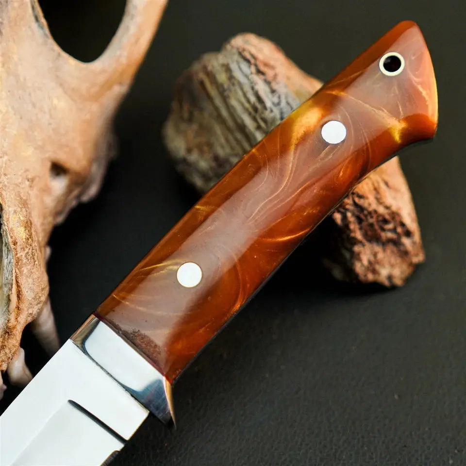 8.6" Handmade Stainless Steel Hunting Knife – Full Tang Resin Handle & Sheath