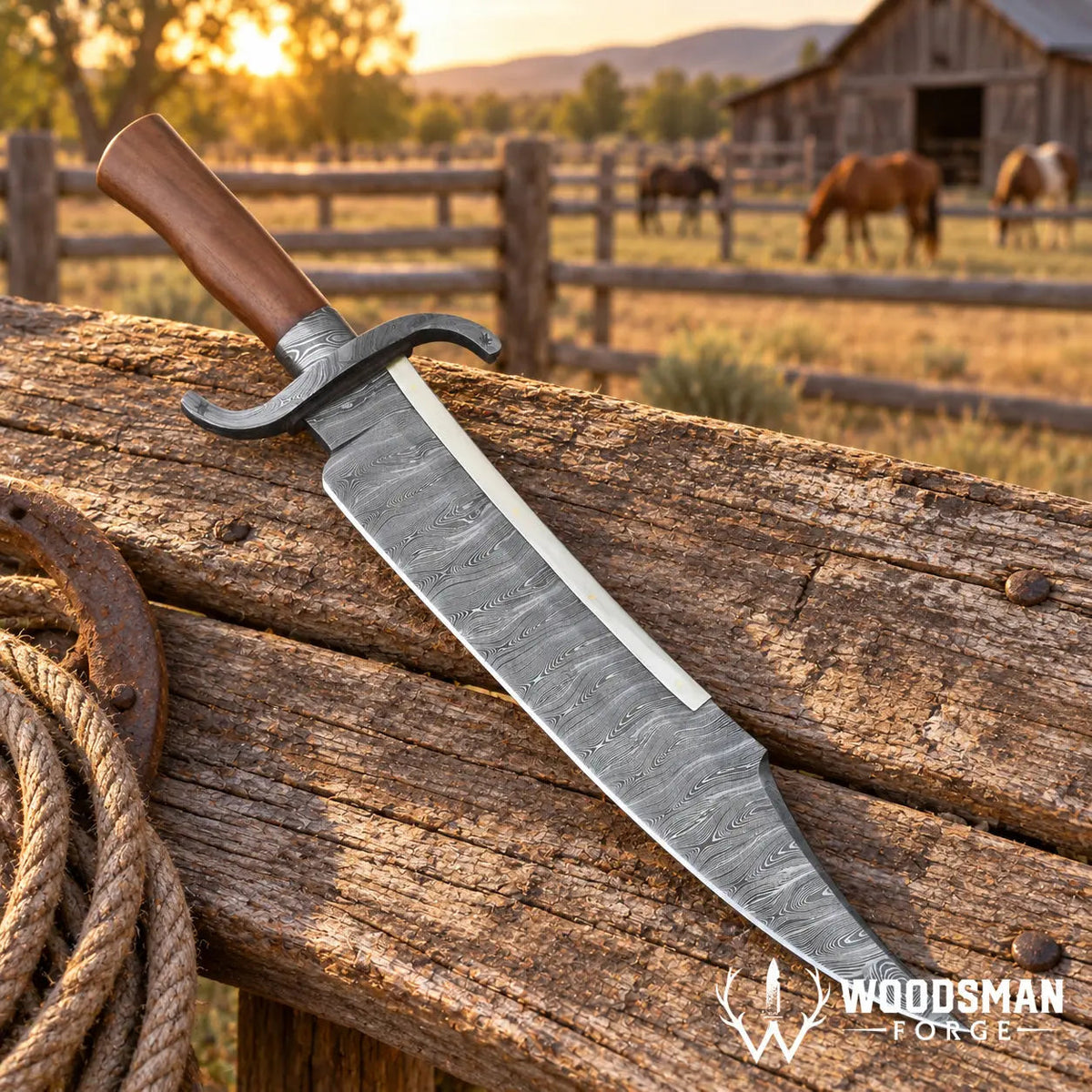 Ironwood Twisted Damascus Bowie Knife – Walnut Handle & Leather Sheath
