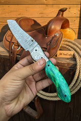 Jadeline Damascus Folder 7" Handmade Turquoise-Green Resin Handle