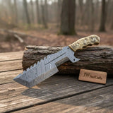 12.5" Full Tang Damascus Camotrail Tracker Knife Ram's Horn Leather Sheath