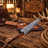 13″ Exotic Wood Handle Copper Damascus Kitchen Chef Knife