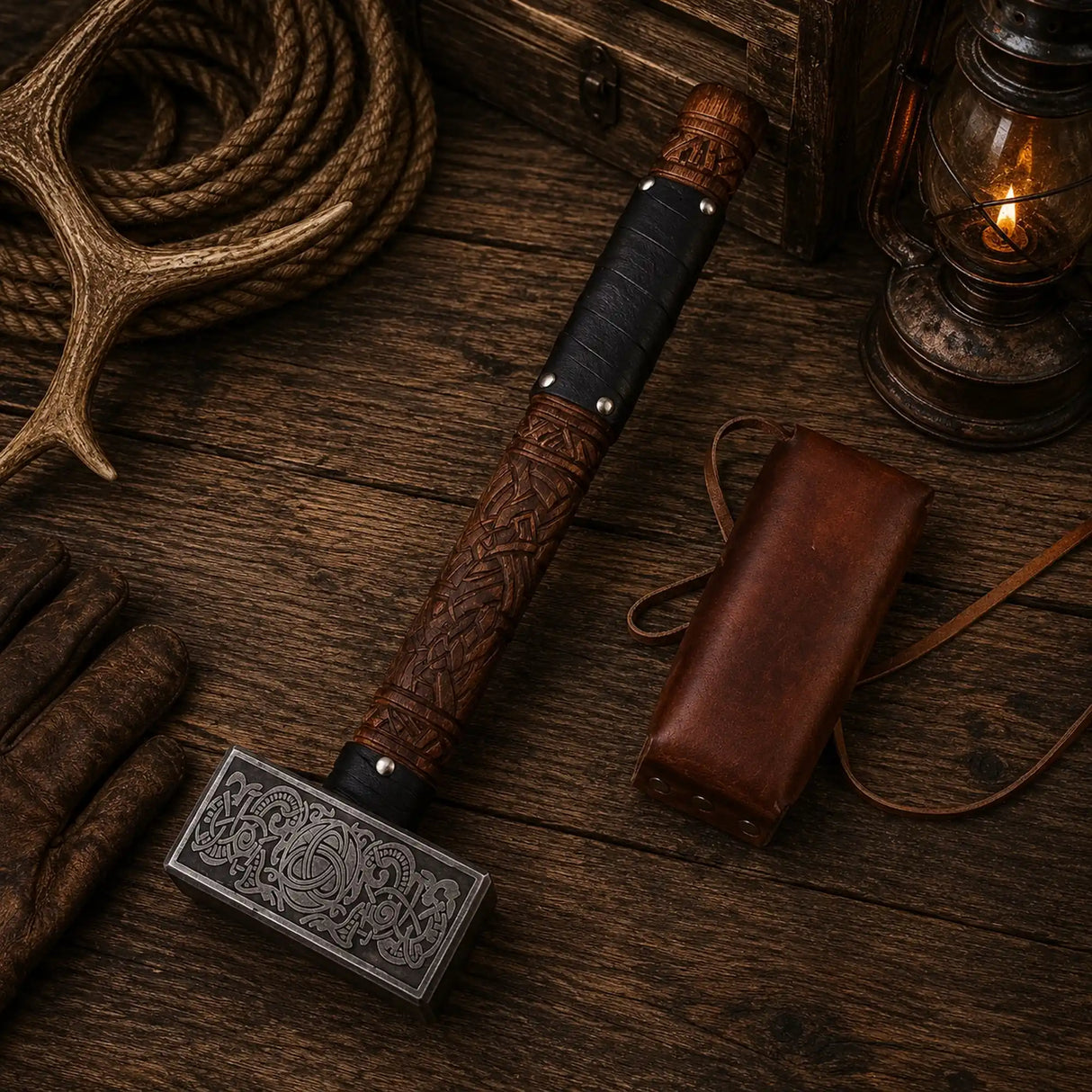 13″ Valknut Viking Battle Hammer – Rosewood & Leather Cover
