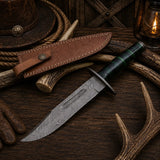Western Trailmaster Bowie Knife – Damascus Steel, Exotic Wood Handle & Leather Sheath