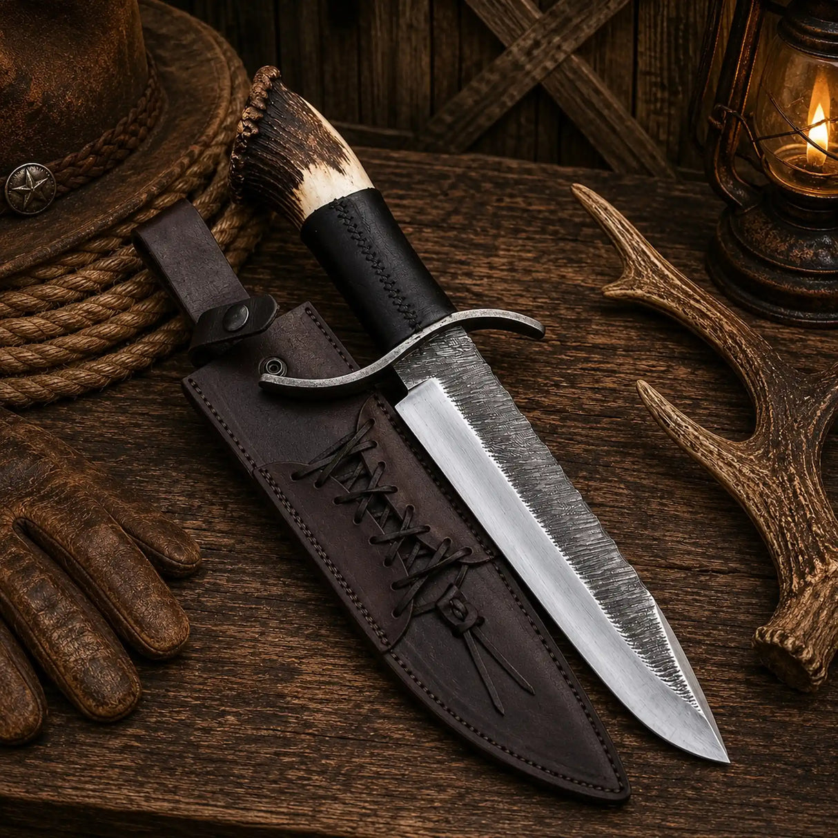 15″ Stag Crown Bowie Knife – D2 Steel & Western Leather Sheath