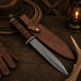 M3 Heritage Damascus Bowie Knife – Stacked Leather Handle & Sheath