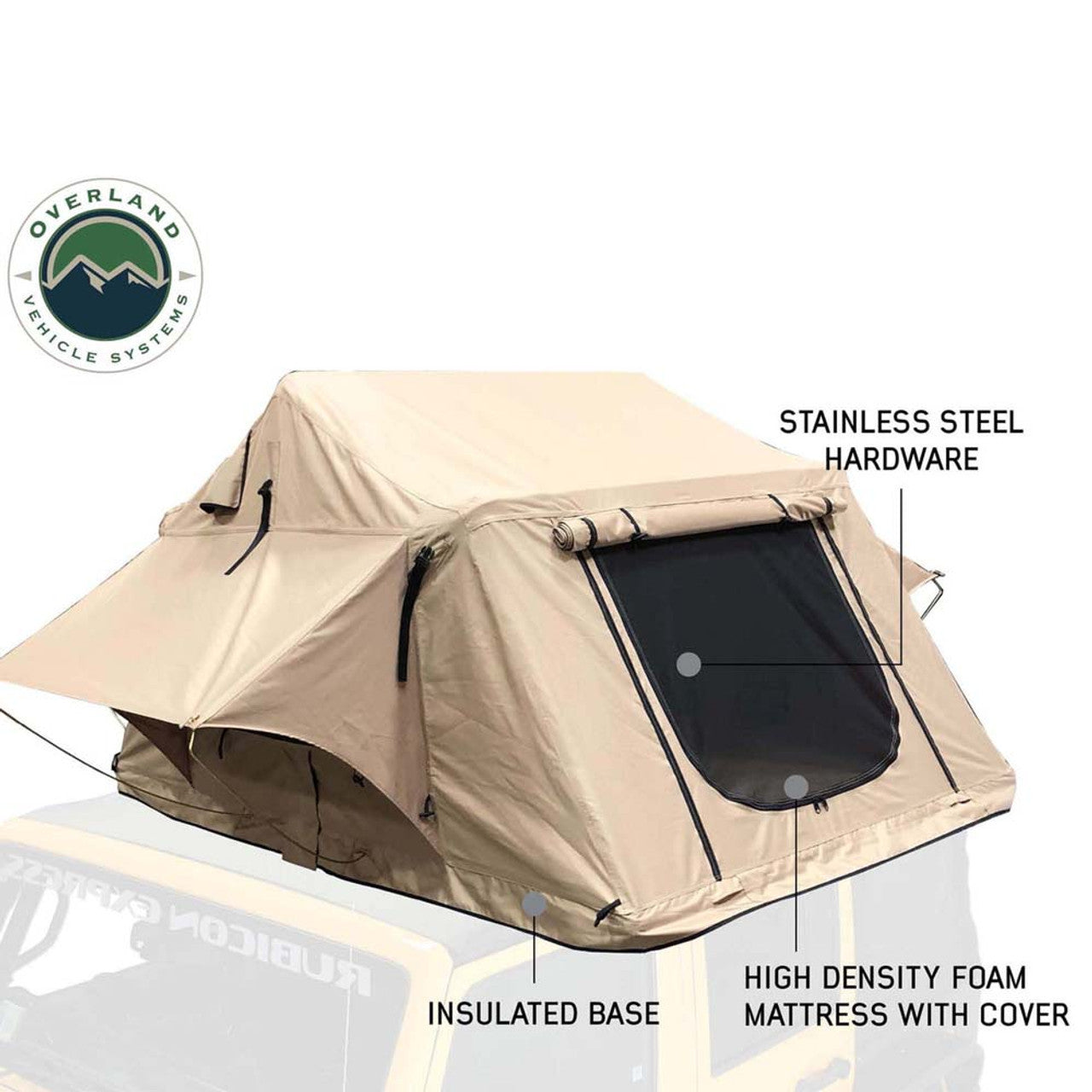 LD TMBK 3 Roof Top Tent With Annex - Tan Base With Green Rain Fly, Black Aluminum Base, Black Ladder Overland Vehicle Systems