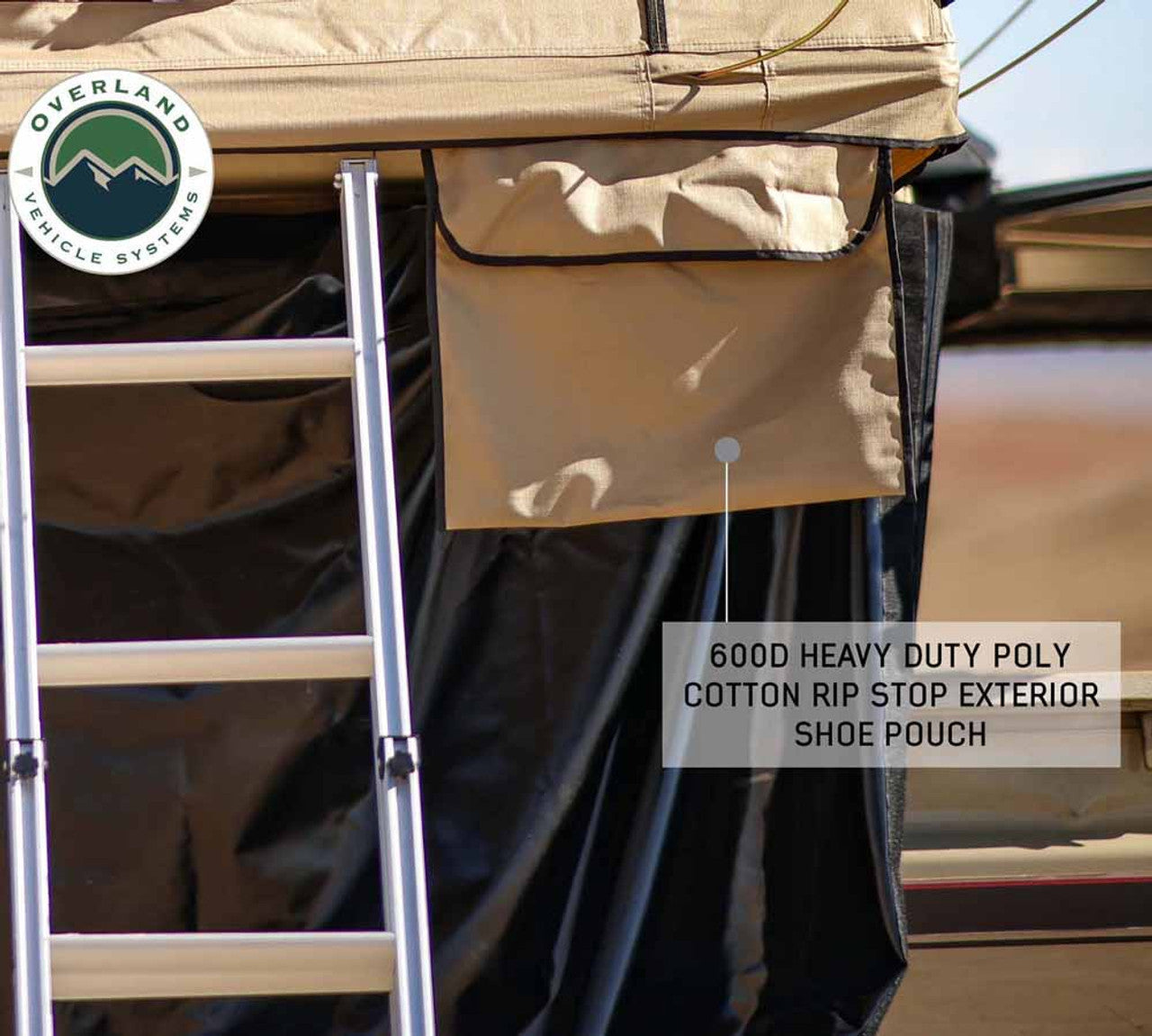 LD TMBK 3 Roof Top Tent With Annex - Tan Base With Green Rain Fly, Black Aluminum Base, Black Ladder Overland Vehicle Systems