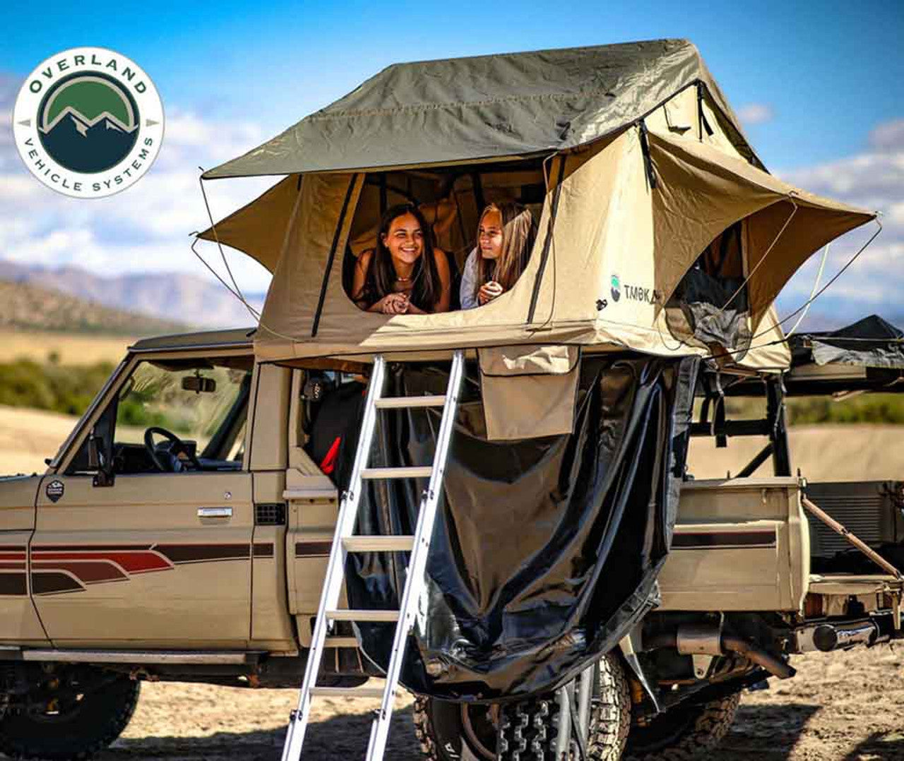 LD TMBK 3 Roof Top Tent With Annex - Tan Base With Green Rain Fly, Black Aluminum Base, Black Ladder Overland Vehicle Systems