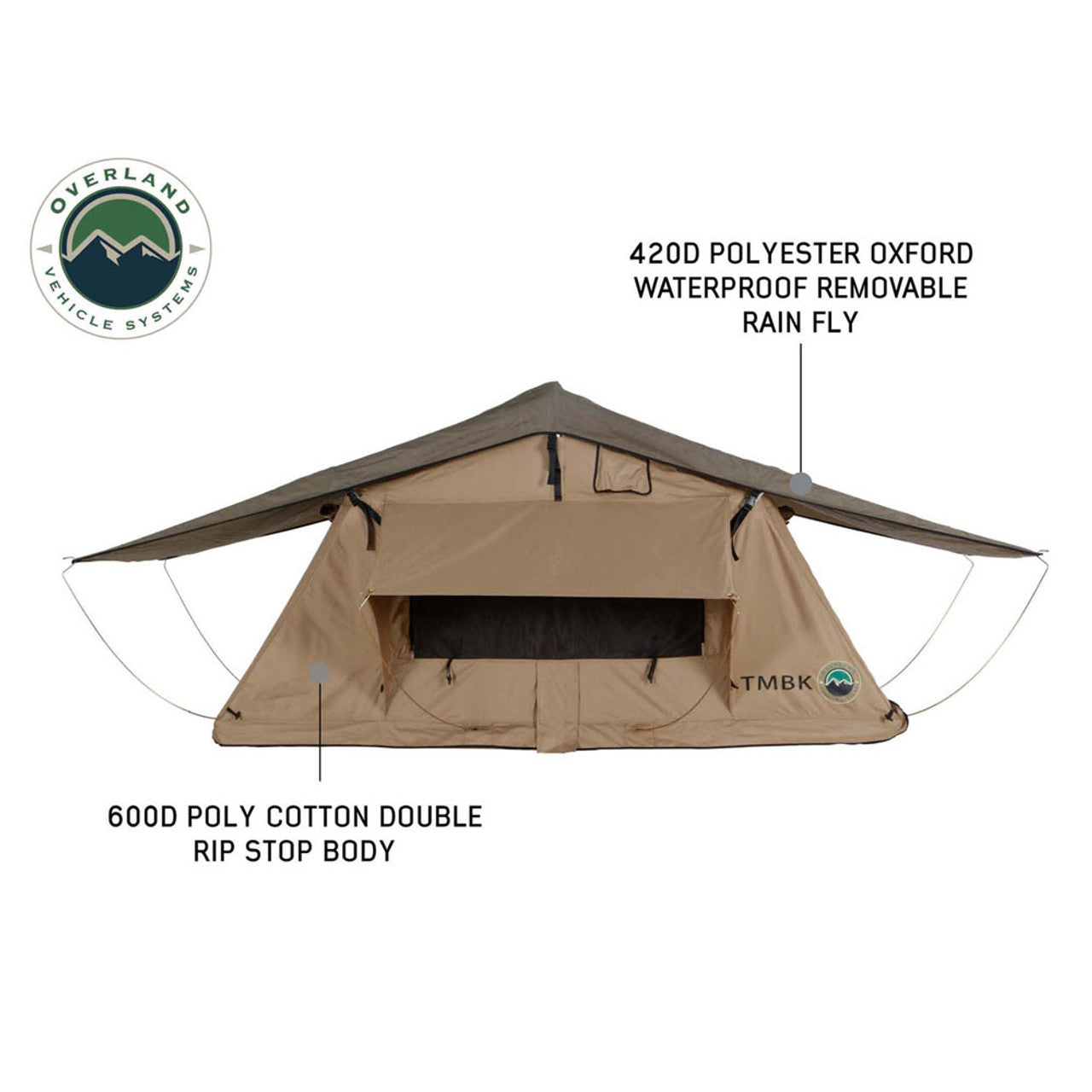 LD TMBK 3 Roof Top Tent With Annex - Tan Base With Green Rain Fly, Black Aluminum Base, Black Ladder Overland Vehicle Systems