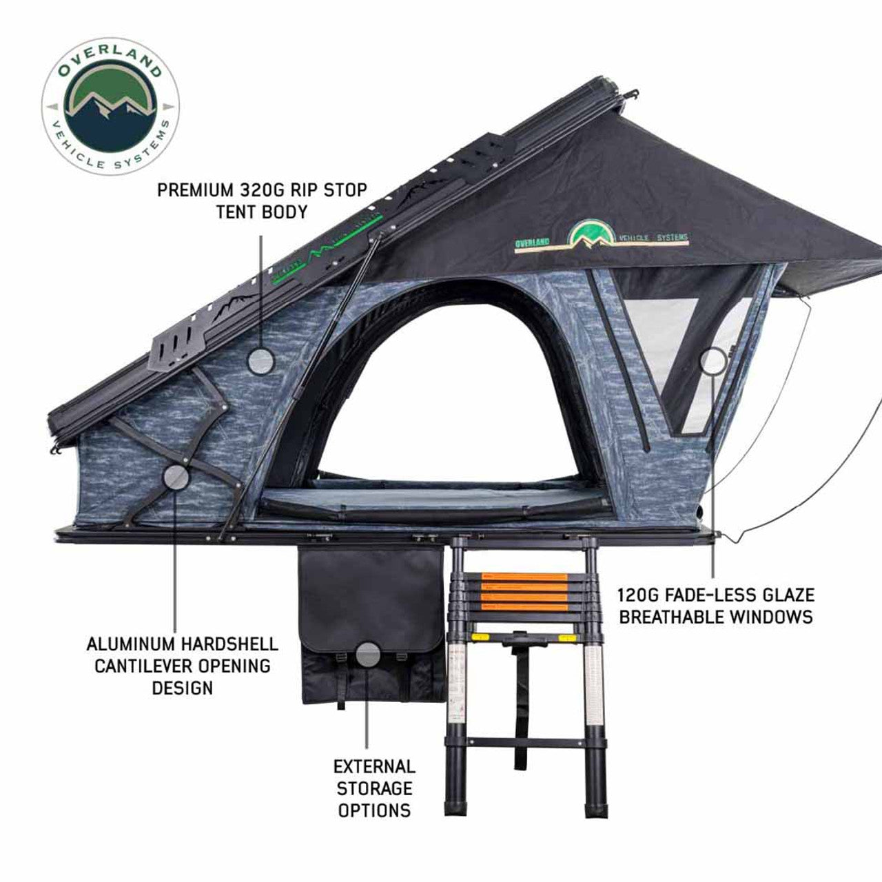 XD Lohtse - Clamshell Aluminum Roof Top Tent, 2 Person, Grey Body and Black Rainfly Overland Vehicle Systems