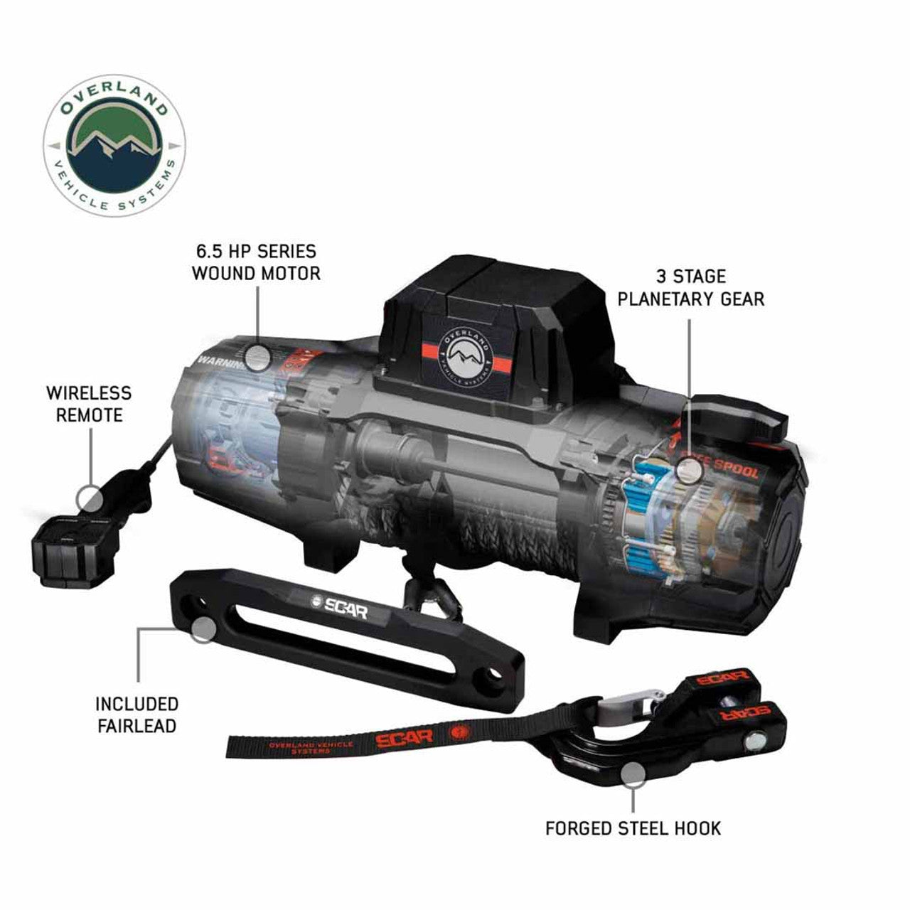 SCAR 12P - 12,000 lb. Winch With Synthetic Rope and Wireless Remote Overland Vehicle Systems