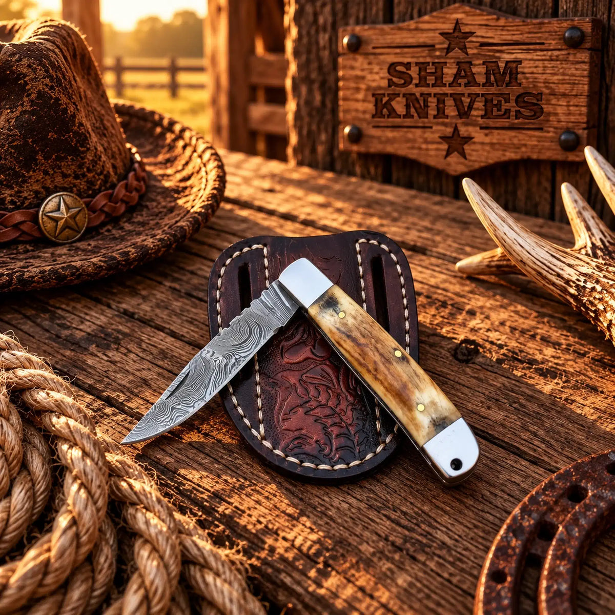 Damascus Trapper Folding Knife with Stag Horn Handle & Sheath