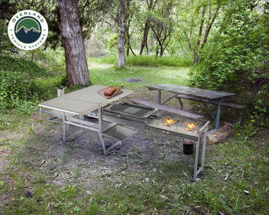 Komodo Camp Kitchen Dual Grill Skillet Folding Shelves and Rocket Tower Stainless Steel