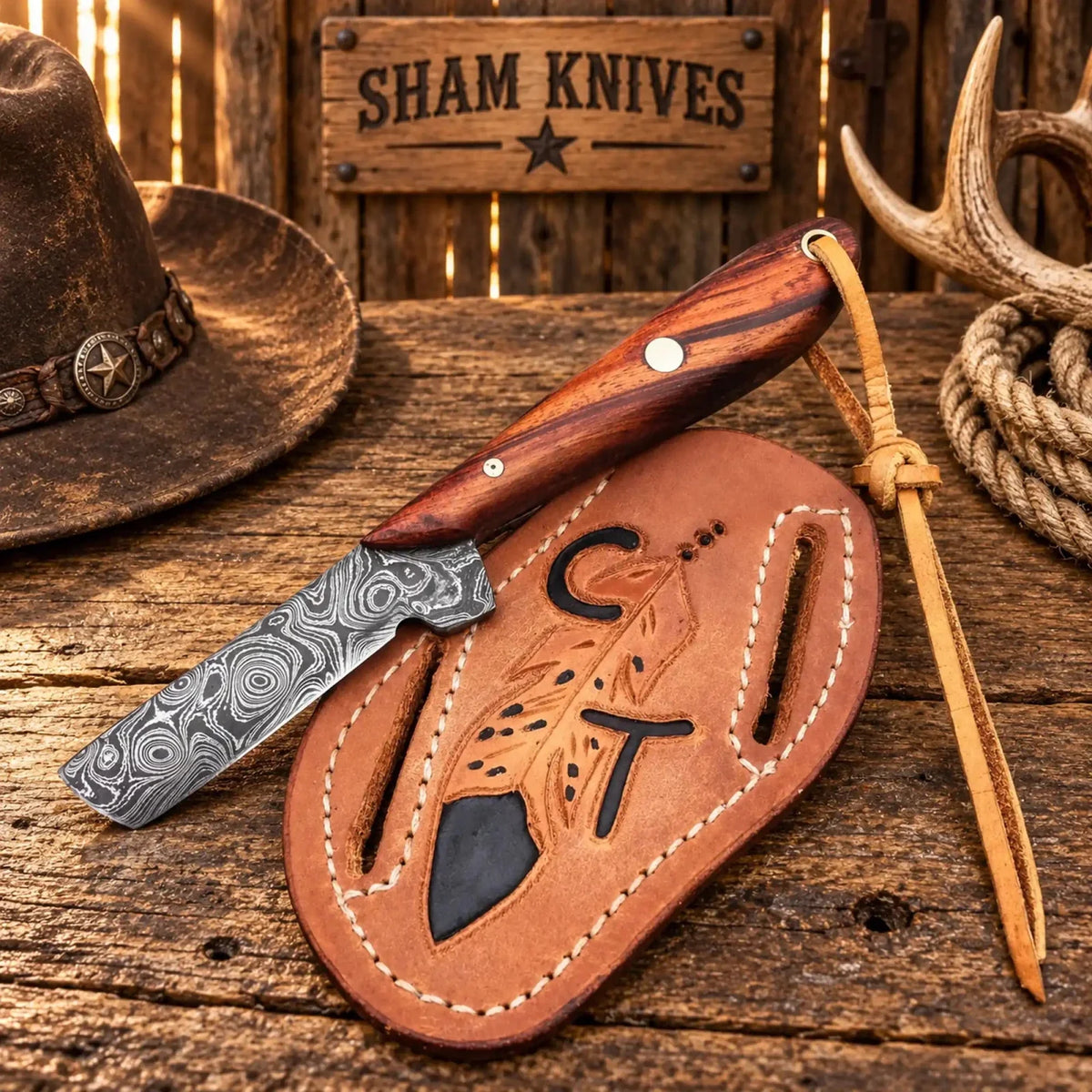 3.5" Damascus Steel Bull Cutter Knife with Rose Wood Handle & Pancake Belt Sheath