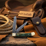 Damascus Trapper Pocket Knife Two Blade Folding Knife with Green Bone Handle