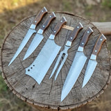 6-Piece Rasp Steel Kitchen Knife Set with Carving Fork Natural Wood Red Spacer Handles, Steel Bolsters, 7 to 13 Inch
