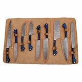 9-Piece Damascus Kitchen Knife Set with Leather Roll and Blue Pakka Wood Handles