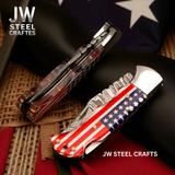 American Flag Damascus Folding Hunter with Ram Horn Handle