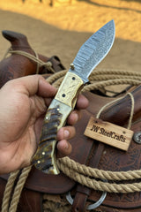 Stagline Damascus Folder 7" Handmade Horn Handle Damascus Bolster