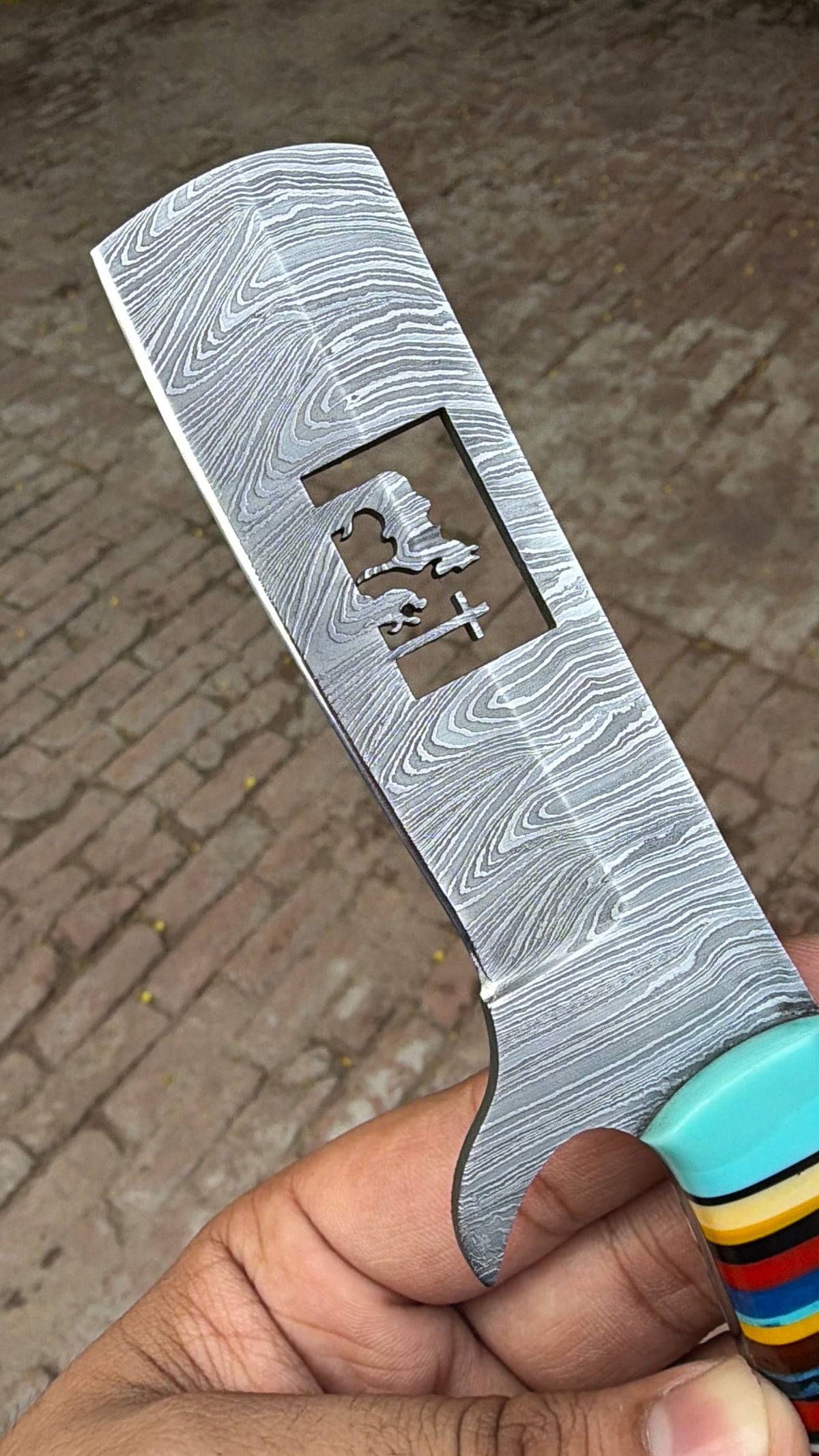 Damascus Bull Cutter Knife Multi-Color Rainbow Resin Handle, Christian Cross Blade Engraving, Steel Bolster & Lanyard Hole