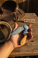 Honeywood Hawkbill Folder Knife 8" Handmade Wood Handle Damascus Blade