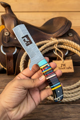 Damascus Bull Cutter Knife Multi-Color Rainbow Resin Handle, Christian Cross Blade Engraving, Steel Bolster & Lanyard Hole