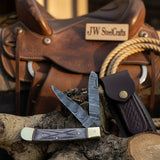 Damascus Steel Trapper Knife 4" with Bone Handle, Folding Pocket Knife